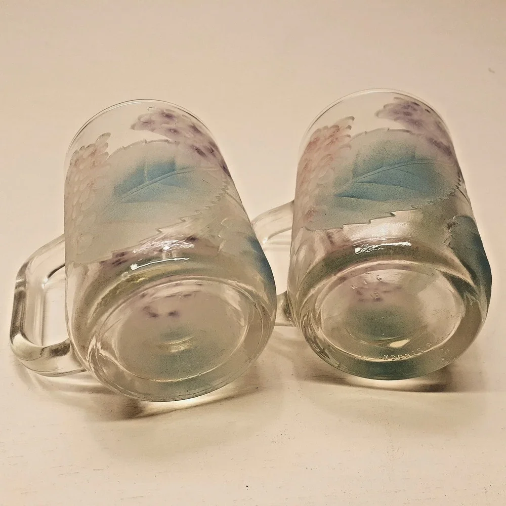 Avon Frosted Glass Floral Coffee Mugs Set Of 2 Purple Flowers Green Leaves